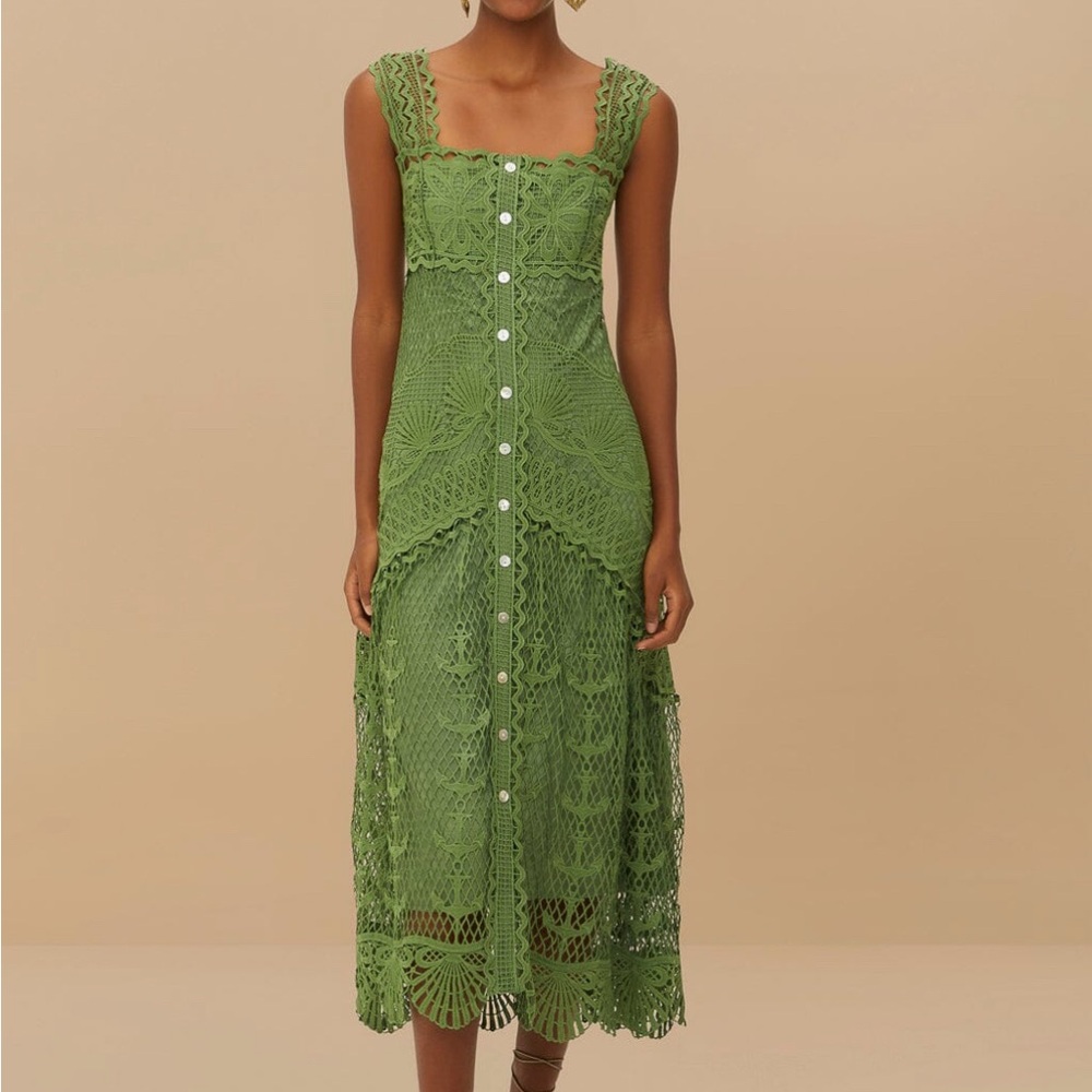 FARM Rio Green Crochet Midi Dress